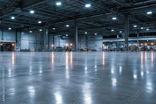 Empty warehouse with polished concrete floor, high ceilings, industrial lighting, and scattered equipment.