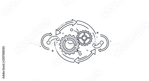 Gear assembly with circular arrows illustrates technical integration and synchronized operational workflows.