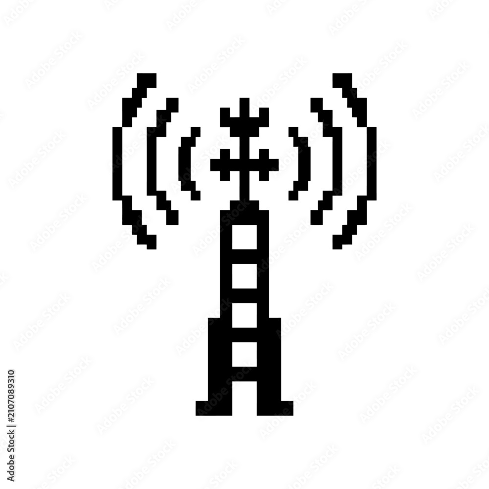 Fototapeta premium Pixelated signal tower emitting radio waves, retro communication icon