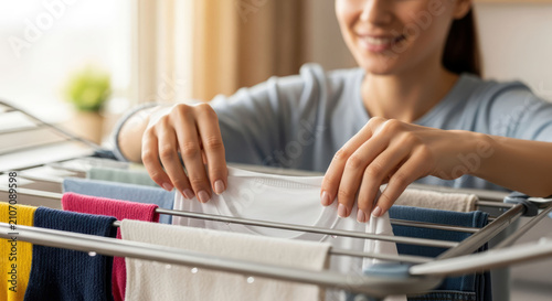 Woman hanging fresh laundry on indoor drying rack in bright living room. Home routine concept.