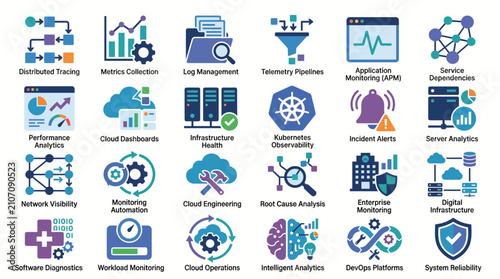 DevOps Monitoring Icon Set With Cloud And Network Analytics
