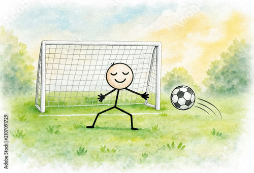Stick figure playing goalkeeper as a soccer ball flies toward the goal. Watercolor illustration.
