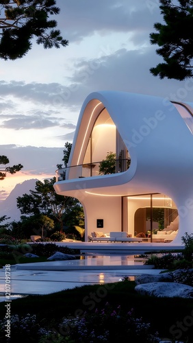 Modern luxury villa with infinity pool at dusk.