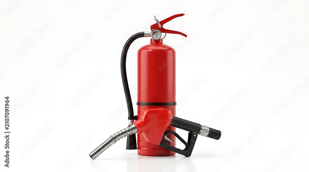 Obraz premium Fire safety at the gas station extinguisher and fuel nozzle combination