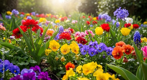 Colorful spring garden with blooming pansies and tulips under warm sunlight in vibrant flowerbed park.