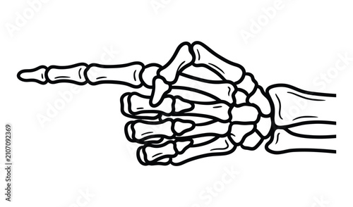Detailed black and white illustration of a skeletal hand pointing with an outstretched finger, isolated on white background