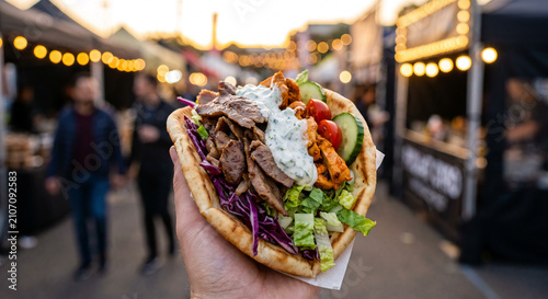 Greek gyros pita wrap with grilled meat and tzatziki, traditional mediterranean street food at outdoor festival, delicious souvlakia with fresh vegetables