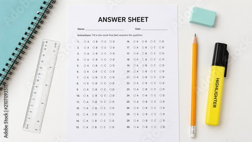 Answer sheet for a multiple-choice exam on a desk with pencil, yellow highlighter, eraser, clear ruler and spiral notebook
