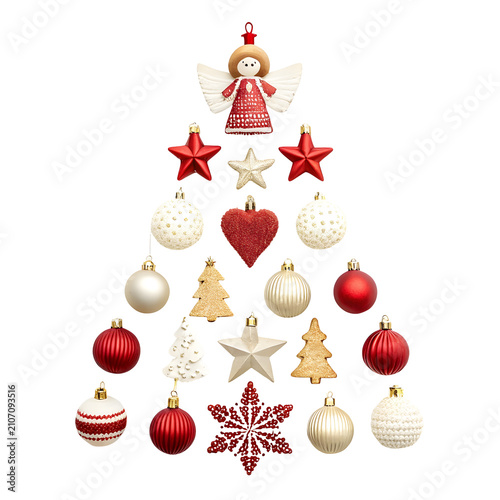 Assorted Christmas ornaments arranged in a tree shape with an angel topper isolated on transparent background