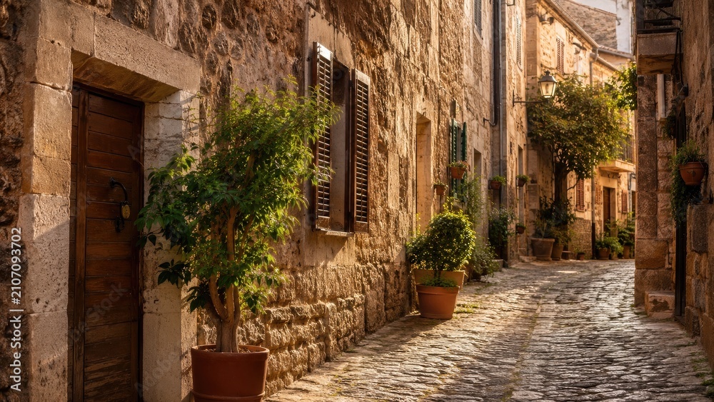 Obraz premium Sunlit narrow cobblestone alley lined with old stone buildings, wooden shutters and potted plants in warm golden light