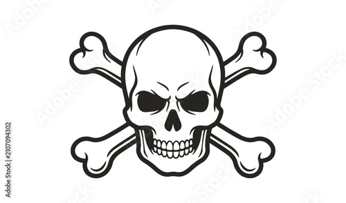 Detailed black and white skull and crossbones illustration symbolizing danger, piracy, and poison with bold outlines