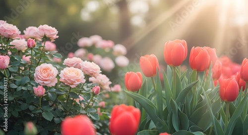 Garden landscape with pink roses and red tulips blooming under warm sunlight rays during spring time.