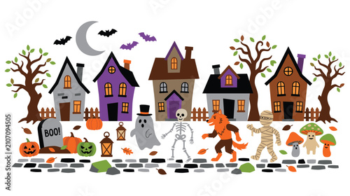 Spooky halloween street with haunted houses monsters ghosts and pumpkins under moon light.
