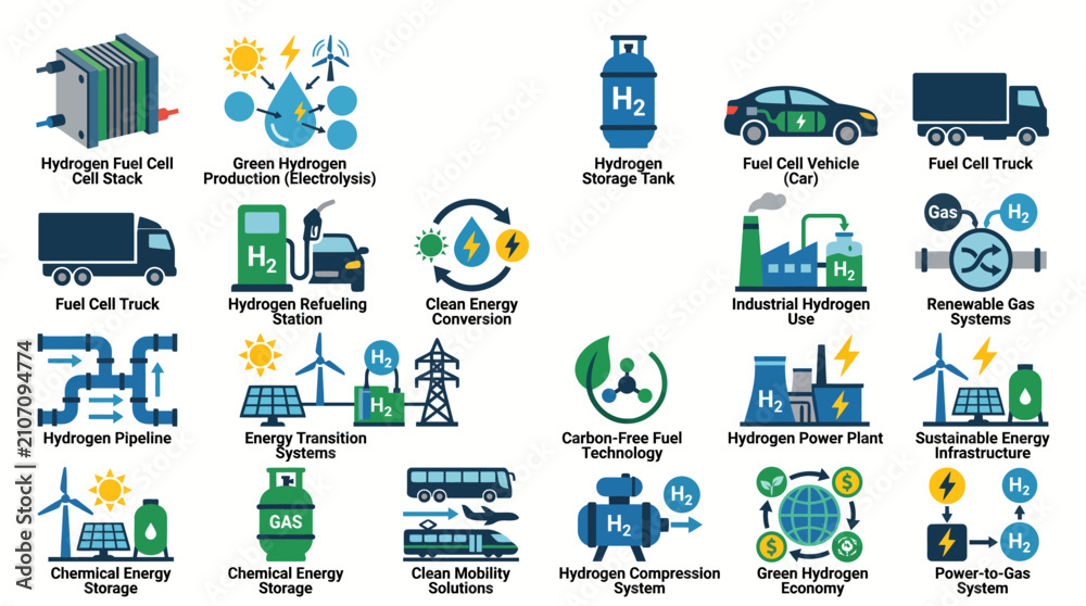 Fototapeta premium Hydrogen Fuel Vehicle And Clean Energy Icon Collection