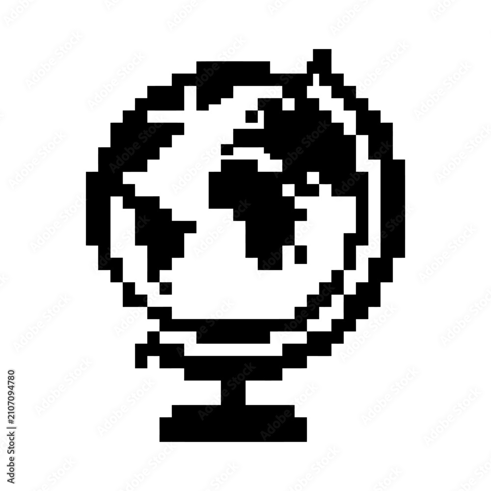 Fototapeta premium Pixel art globe icon, retro digital world map illustration, vintage computer graphic