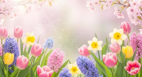 Spring floral garden background with pink tulips yellow daffodils purple hyacinths and cherry blossoms.