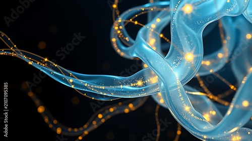 Blue translucent ribbons with golden light particles abstract