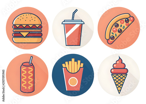 Assorted fast food icons with long shadows during a bright studio session isolated on transparent background