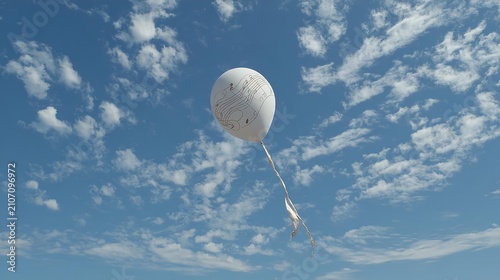 White balloon drifts high in blue sky