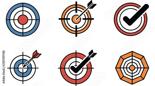Business target and archery icons featuring bullseye, arrow, checkmark, success, goal achievement, and strategic planning vector symbols.