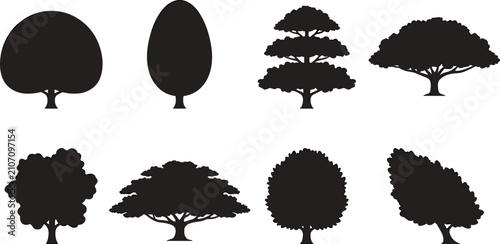 Schilderij op canvas Tree Silhouette Icon Set Featuring Deciduous Evergreen Ornamental and Landscape