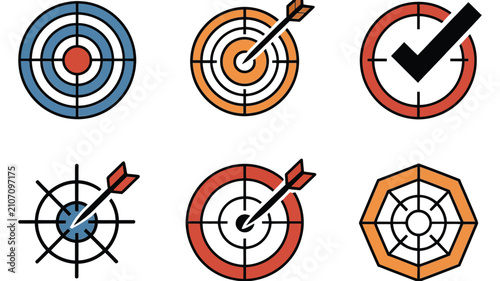 Business target and archery icons featuring bullseye, arrow, checkmark, success, goal achievement, and strategic planning vector symbols.
