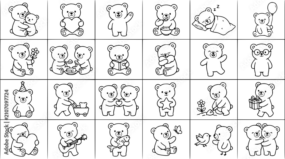 Obraz premium Bear Icons Set of Cute Cartoon Animals with Different Poses and Accessories in a Thin Line Style Featuring Teddy, Animal, Icon