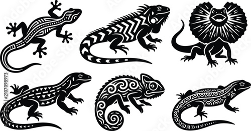 Fotografie Tribal Lizard and Reptile Silhouette Set with Iguana Chameleon Gecko and Frilled