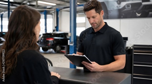 Mechanic discusses car repair with customer