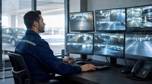Security guard monitoring parking garage cameras