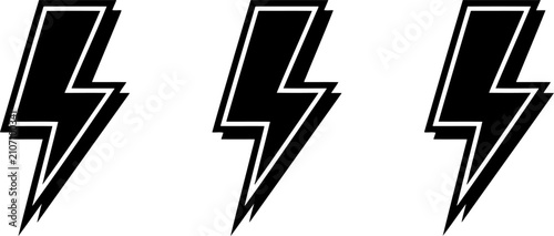 Принти на полотні Three stylized black lightning bolt icons with outlined edges, isolated on white