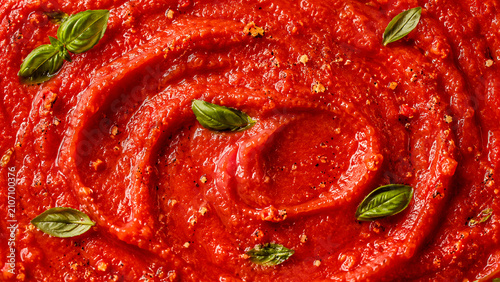 A vibrant tomato sauce swirl is garnished with fresh basil leaves.