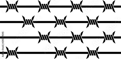 Schilderij op canvas Barbed wire fence pattern, seamless horizontal lines of sharp metal wire, isolat