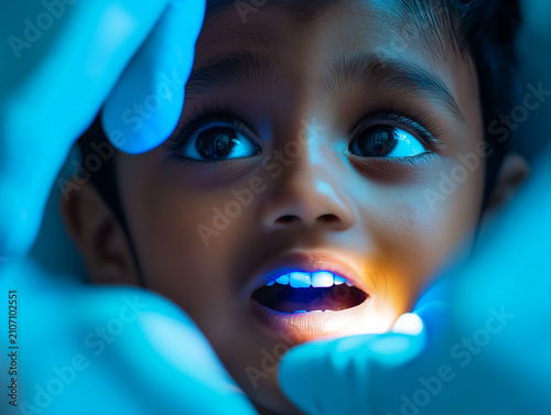 Child with autism receives dental x-ray in dentist office during daytime