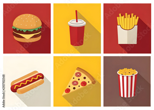 Assorted fast food items including burger soda fries hot dog pizza and popcorn isolated on transparent background