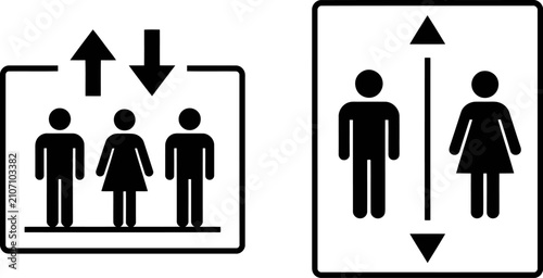 Elevator and lift icon set depicting people and directional arrows for public transportation and accessibility concept in black and white