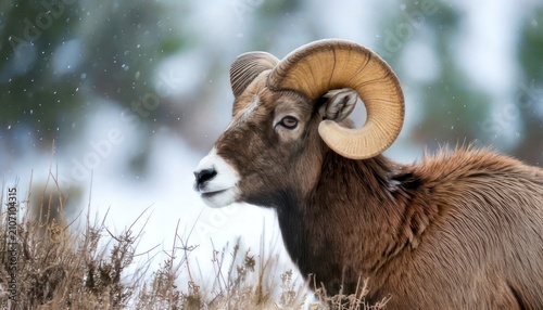 Majestic Bighorn Sheep Portrait in Winter Landscape, Wildlife Photography.