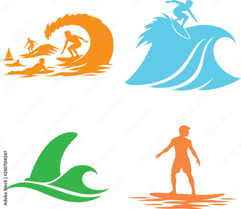 Obraz premium Four colorful vector illustrations of surfers riding waves and a shark fin