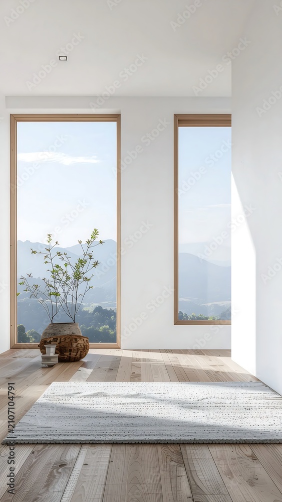 Fototapeta premium Modern minimalist living room with large windows and plants.