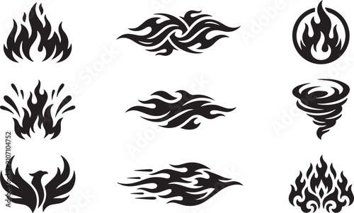 Quadro su tela Black Tribal Fire Flame and Phoenix Vector Silhouette Set