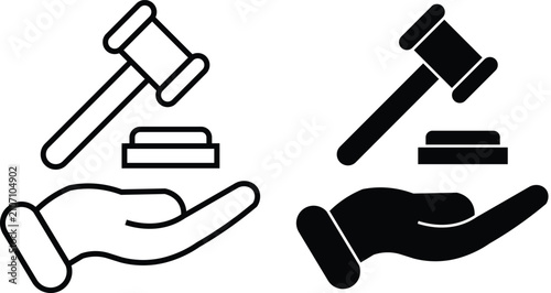 Canvastavla Legal gavel and hand icon set, judge hammer and auction block vector graphics, b