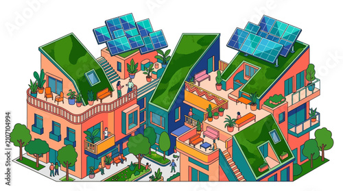 Isometric Sustainable Eco-Friendly Urban Housing Complex with Green Roofs and Solar Panels