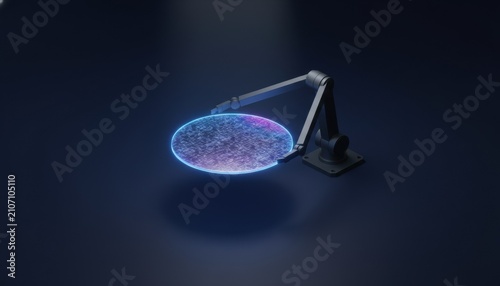 Robotic Arm and Luminous Disk: A futuristic robotic arm meticulously inspects a glowing, circular disk filled with intricate patterns, set against a dark, ambient background.
