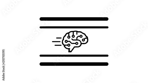 Minimalist Black Line Icon of a Circuit Brain with Speed Lines in a Data Channel, Artificial Intelligence Concept
