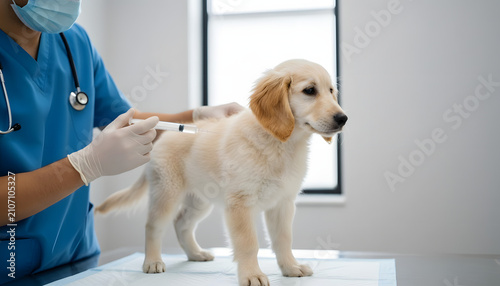 A golden retriever puppy stands on an exam table while a veterinarian in blue scrubs and white gloves gives a vaccine injection with a syringe in a clean veterinary clinic hospital.
