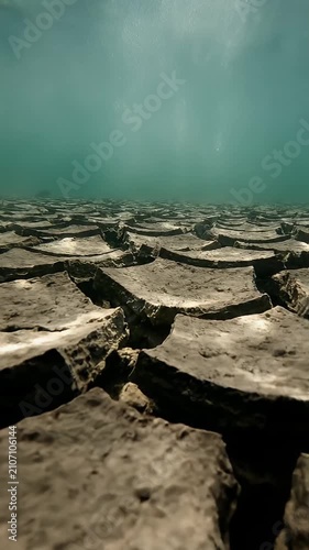 Dry cracked mud surface visible from an underwater perspective.