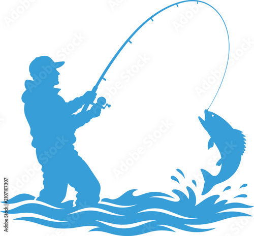Person fishing with rod catching large fish in water with transparent background