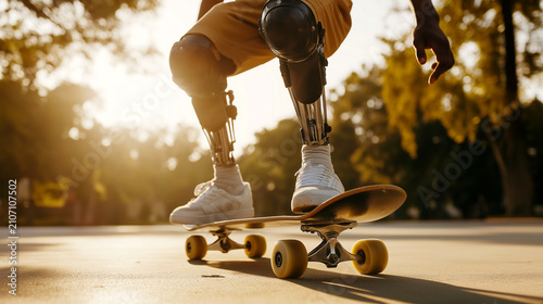 Afro-American man skateboards on sunny day with prosthetic legs in city park