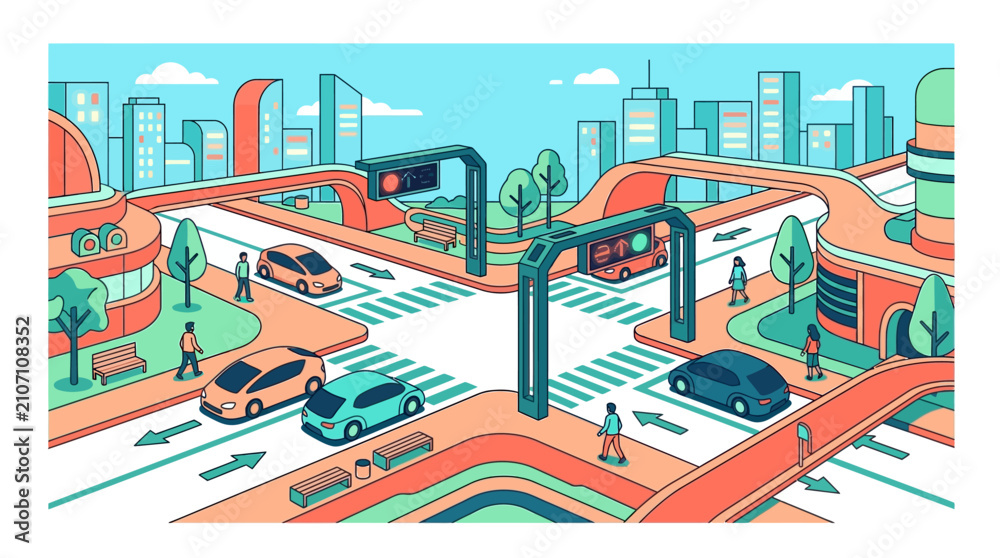 Obraz premium Futuristic Smart City Intersection with Autonomous Electric Cars and Sustainable Urban Infrastructure Vector Illustration