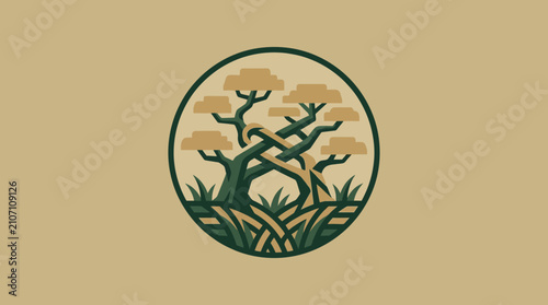 Stylized illustration of a tree intertwined with itself within a circular emblem, set against a muted background, evoking a sense of nature and balance